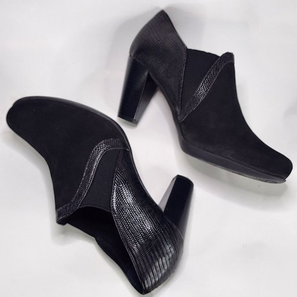 Nuture Boots Womens Size 8.5  Black Leather Suede Sexy Chunky Heel Ankle Booties - Picture 4 of 12